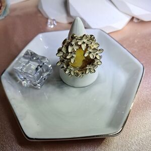 White Floral Enamel & Yellow Stone Statement Goldtone Ring